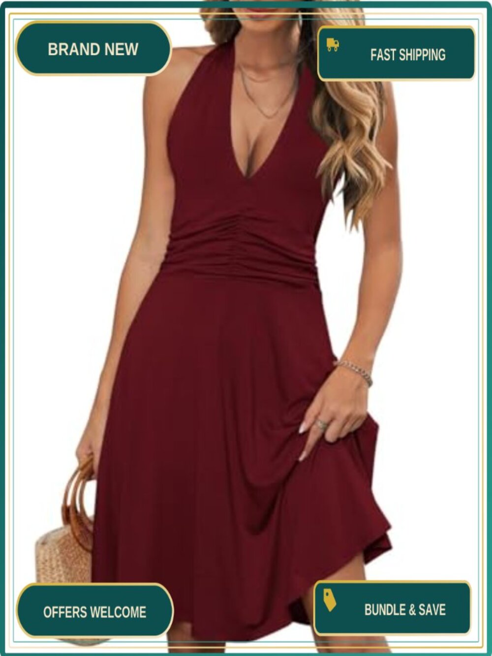Halter Neck Sundress with Pockets Flowy Boho Mini Dress Summer